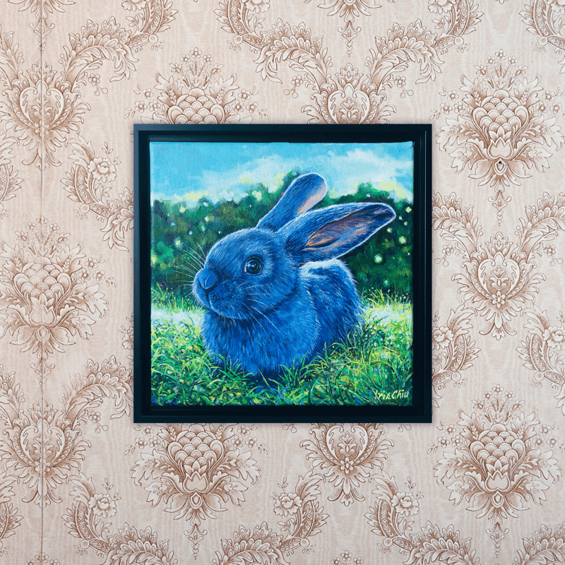 Blue Bunny in Green Pasture - Framed -
